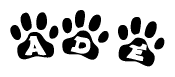 The image shows a series of animal paw prints arranged in a horizontal line. Each paw print contains a letter, and together they spell out the word Ade.