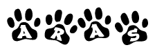 The image shows a row of animal paw prints, each containing a letter. The letters spell out the word Aras within the paw prints.