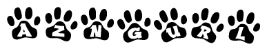 The image shows a series of animal paw prints arranged horizontally. Within each paw print, there's a letter; together they spell Azngurl