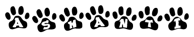 The image shows a row of animal paw prints, each containing a letter. The letters spell out the word Ashanti within the paw prints.