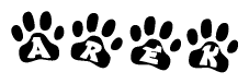 The image shows a series of animal paw prints arranged in a horizontal line. Each paw print contains a letter, and together they spell out the word Arek.