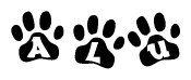 The image shows a series of animal paw prints arranged in a horizontal line. Each paw print contains a letter, and together they spell out the word Alu.