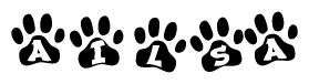 The image shows a row of animal paw prints, each containing a letter. The letters spell out the word Ailsa within the paw prints.