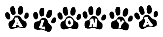 The image shows a series of animal paw prints arranged in a horizontal line. Each paw print contains a letter, and together they spell out the word Alonya.