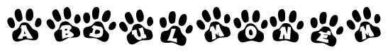 The image shows a series of animal paw prints arranged in a horizontal line. Each paw print contains a letter, and together they spell out the word Abdulmonem.