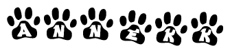 The image shows a row of animal paw prints, each containing a letter. The letters spell out the word Annekk within the paw prints.