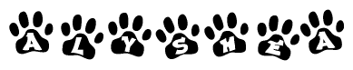 The image shows a series of animal paw prints arranged in a horizontal line. Each paw print contains a letter, and together they spell out the word Alyshea.