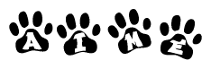 The image shows a row of animal paw prints, each containing a letter. The letters spell out the word Aime within the paw prints.