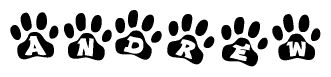 The image shows a row of animal paw prints, each containing a letter. The letters spell out the word Andrew within the paw prints.