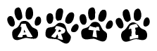 The image shows a series of animal paw prints arranged horizontally. Within each paw print, there's a letter; together they spell Arti