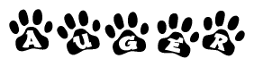 The image shows a series of animal paw prints arranged in a horizontal line. Each paw print contains a letter, and together they spell out the word Auger.