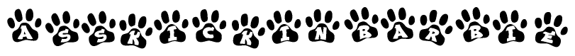 The image shows a series of animal paw prints arranged horizontally. Within each paw print, there's a letter; together they spell Asskickinbarbie