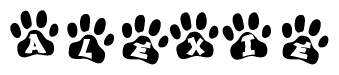 The image shows a series of animal paw prints arranged in a horizontal line. Each paw print contains a letter, and together they spell out the word Alexie.