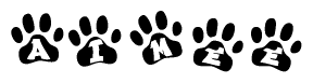 The image shows a series of animal paw prints arranged horizontally. Within each paw print, there's a letter; together they spell Aimee