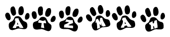 The image shows a series of animal paw prints arranged horizontally. Within each paw print, there's a letter; together they spell Atzmah