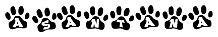 The image shows a series of animal paw prints arranged horizontally. Within each paw print, there's a letter; together they spell Asantana
