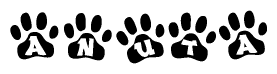 The image shows a row of animal paw prints, each containing a letter. The letters spell out the word Anuta within the paw prints.