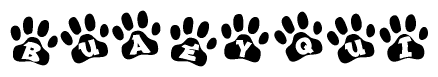 The image shows a series of animal paw prints arranged in a horizontal line. Each paw print contains a letter, and together they spell out the word Buaeyqui.