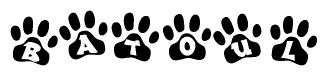 The image shows a series of animal paw prints arranged in a horizontal line. Each paw print contains a letter, and together they spell out the word Batoul.