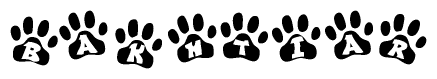 The image shows a series of animal paw prints arranged horizontally. Within each paw print, there's a letter; together they spell Bakhtiar