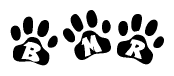 The image shows a series of animal paw prints arranged in a horizontal line. Each paw print contains a letter, and together they spell out the word Bmr.