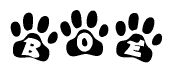 The image shows a series of animal paw prints arranged horizontally. Within each paw print, there's a letter; together they spell Boe