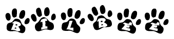 The image shows a series of animal paw prints arranged horizontally. Within each paw print, there's a letter; together they spell Bilbee