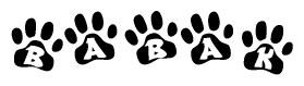 The image shows a row of animal paw prints, each containing a letter. The letters spell out the word Babak within the paw prints.