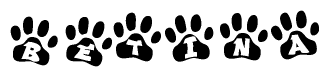 The image shows a series of animal paw prints arranged horizontally. Within each paw print, there's a letter; together they spell Betina