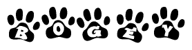The image shows a series of animal paw prints arranged horizontally. Within each paw print, there's a letter; together they spell Bogey