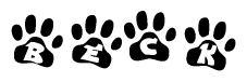 The image shows a series of animal paw prints arranged in a horizontal line. Each paw print contains a letter, and together they spell out the word Beck.
