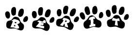 The image shows a series of animal paw prints arranged horizontally. Within each paw print, there's a letter; together they spell Berit