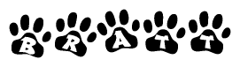 The image shows a series of animal paw prints arranged horizontally. Within each paw print, there's a letter; together they spell Bratt