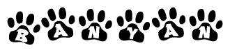 The image shows a series of animal paw prints arranged horizontally. Within each paw print, there's a letter; together they spell Banyan