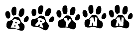 The image shows a row of animal paw prints, each containing a letter. The letters spell out the word Brynn within the paw prints.