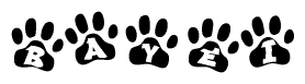 The image shows a series of animal paw prints arranged horizontally. Within each paw print, there's a letter; together they spell Bayei
