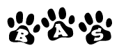 The image shows a row of animal paw prints, each containing a letter. The letters spell out the word Bas within the paw prints.