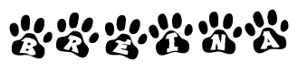 The image shows a row of animal paw prints, each containing a letter. The letters spell out the word Breina within the paw prints.