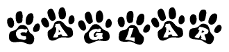 The image shows a row of animal paw prints, each containing a letter. The letters spell out the word Caglar within the paw prints.