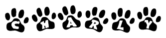The image shows a row of animal paw prints, each containing a letter. The letters spell out the word Charly within the paw prints.