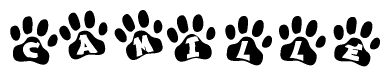 The image shows a row of animal paw prints, each containing a letter. The letters spell out the word Camille within the paw prints.