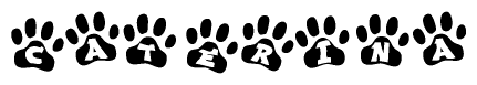 The image shows a row of animal paw prints, each containing a letter. The letters spell out the word Caterina within the paw prints.
