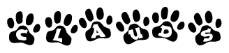 The image shows a series of animal paw prints arranged in a horizontal line. Each paw print contains a letter, and together they spell out the word Clauds.