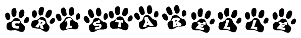 The image shows a series of animal paw prints arranged horizontally. Within each paw print, there's a letter; together they spell Cristabelle