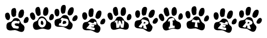 The image shows a row of animal paw prints, each containing a letter. The letters spell out the word Codewriter within the paw prints.