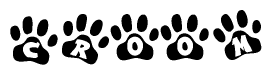 The image shows a series of animal paw prints arranged in a horizontal line. Each paw print contains a letter, and together they spell out the word Croom.