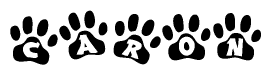 The image shows a series of animal paw prints arranged horizontally. Within each paw print, there's a letter; together they spell Caron