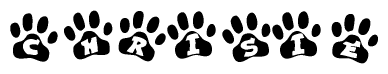 The image shows a row of animal paw prints, each containing a letter. The letters spell out the word Chrisie within the paw prints.