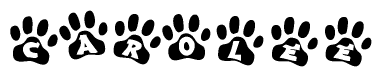 The image shows a series of animal paw prints arranged horizontally. Within each paw print, there's a letter; together they spell Carolee