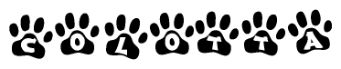 The image shows a row of animal paw prints, each containing a letter. The letters spell out the word Colotta within the paw prints.